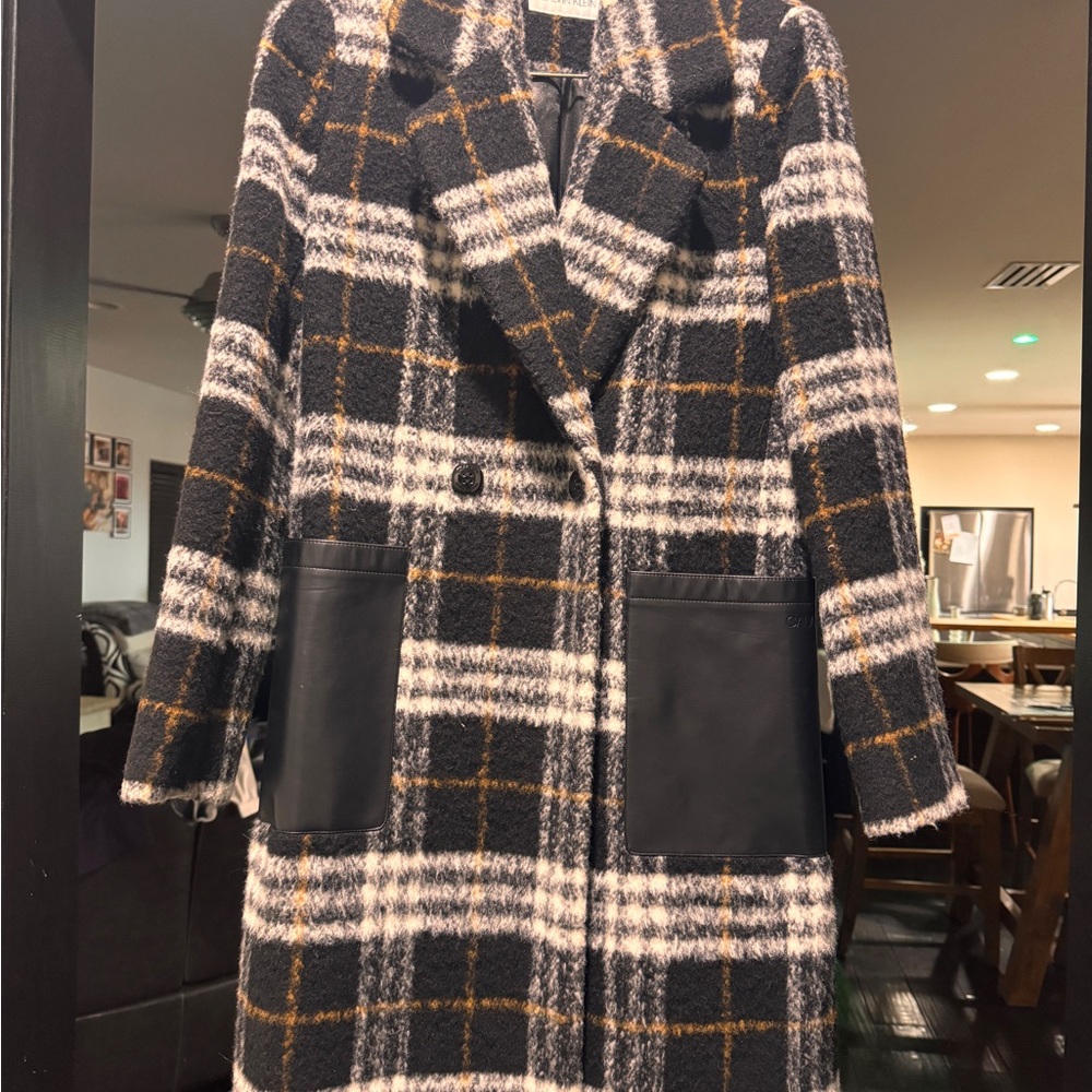 Calvin Klein Black and Brown Plaid Pea Coat